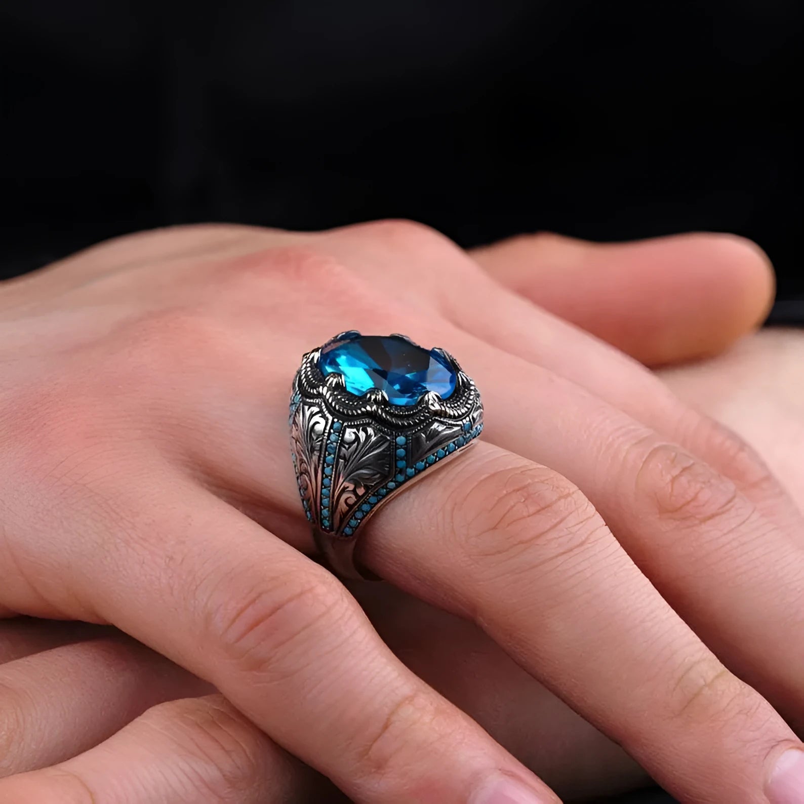 Geometric blue zircon centrepiece grandmother ring in antique silver finish