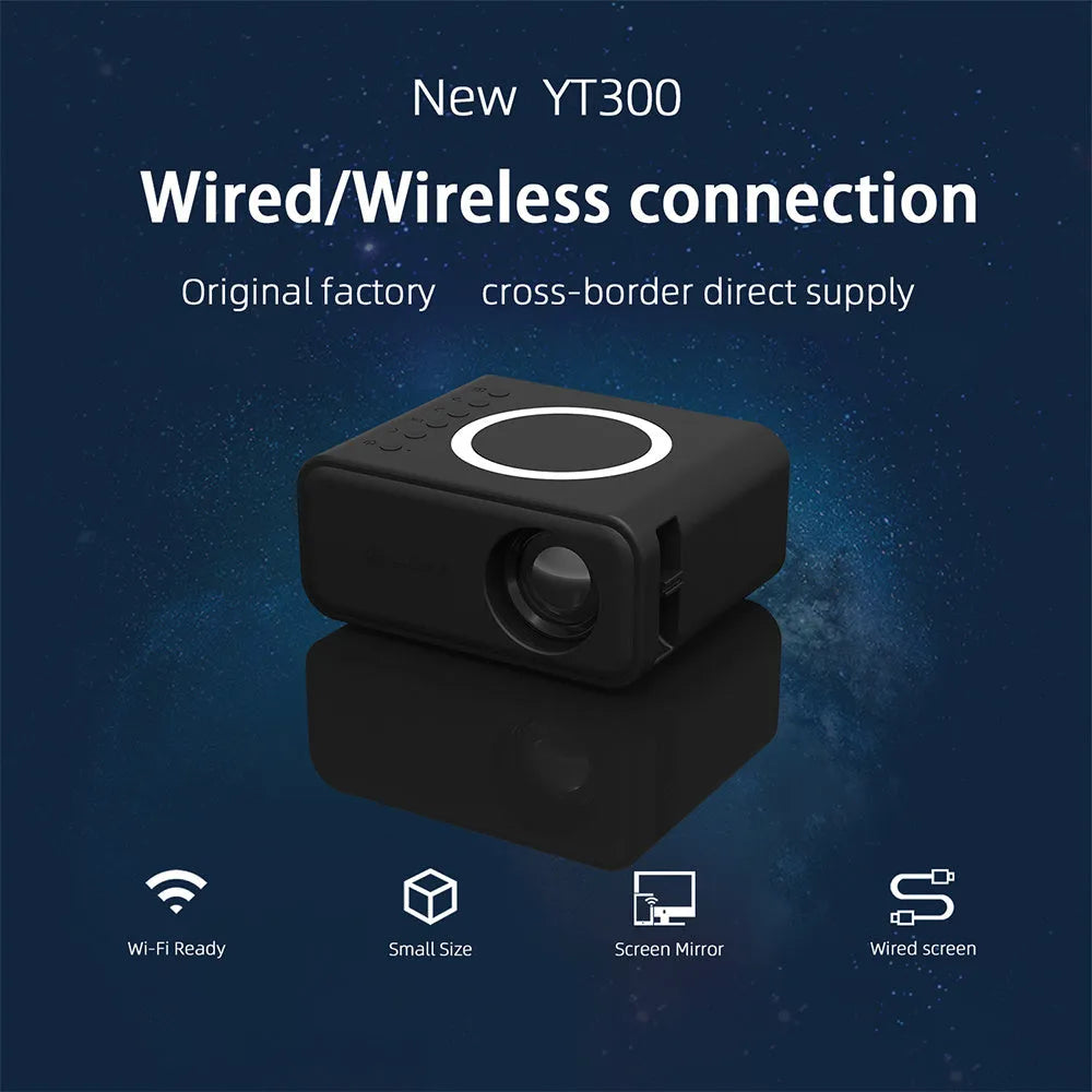 Black YT300 portable mini projector with remote control on a table.