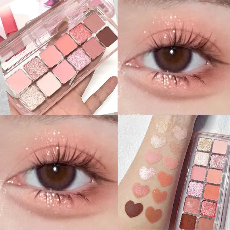 Makeup eyeshadow palette showing twelve different colours in compact case