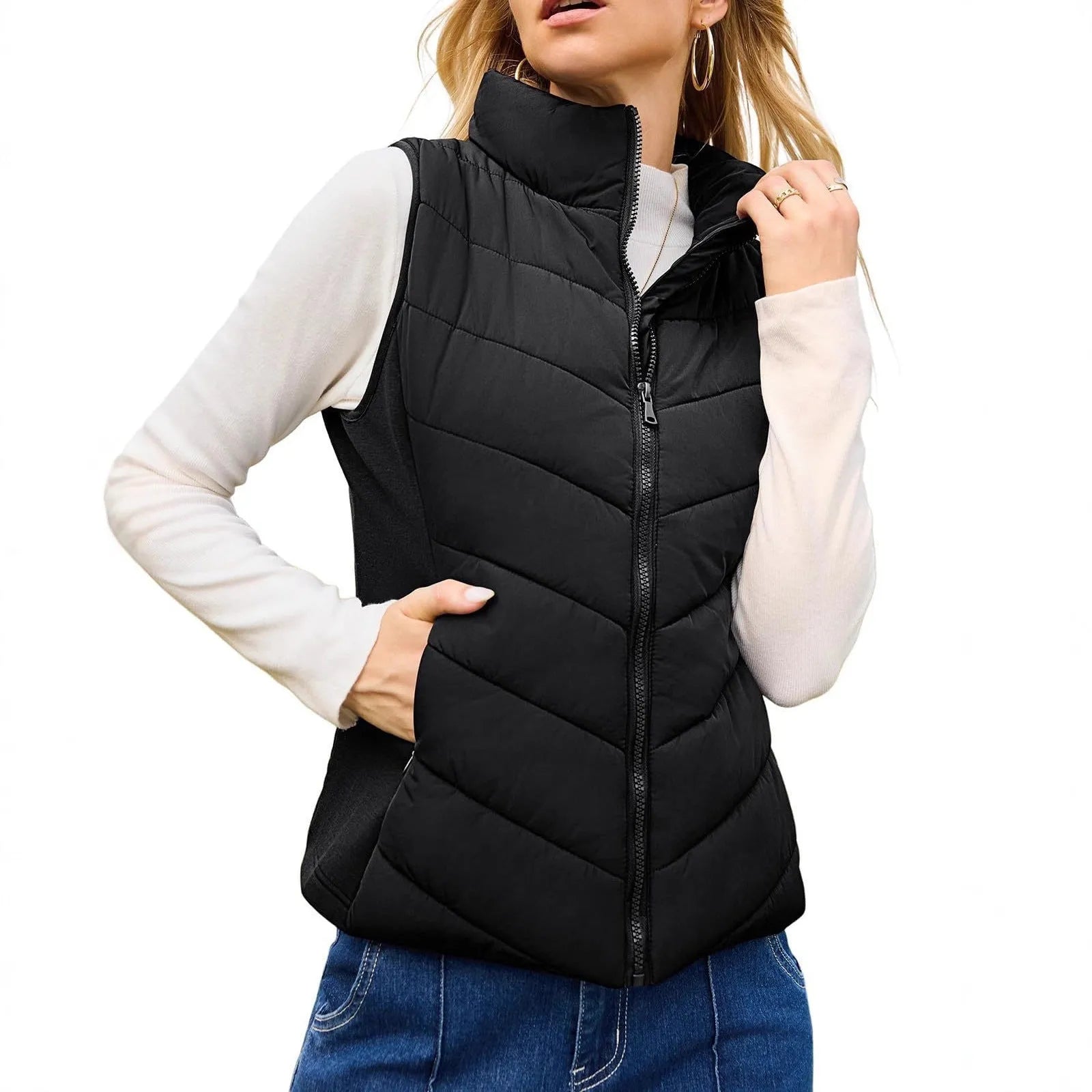 Women's solid colour stand collar quilted vest in navy blue, slim fit, with side pockets