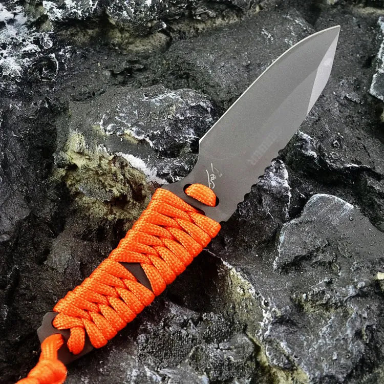 Multi-function survival knife with straight blade and rope handle showing ABS sheath