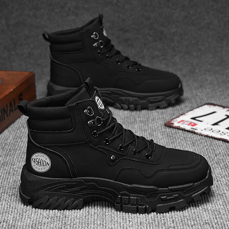 Men's black and yellow Martin work boots with mid-calf height and artificial PU upper
