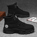 Men's black and yellow Martin work boots with mid-calf height and artificial PU upper