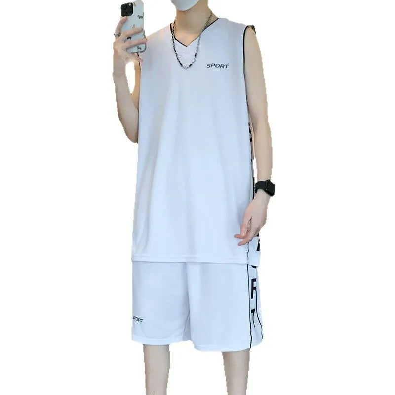 Basketball sports suit with sleeveless vest and matching shorts on a hanger
