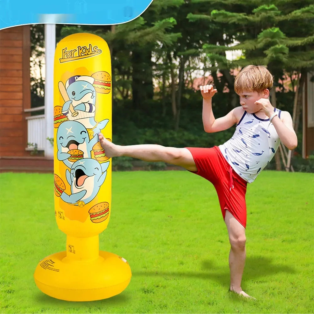 Yellow Hamburger patterned inflatable boxing column sandbag standing upright at 120cm tall.