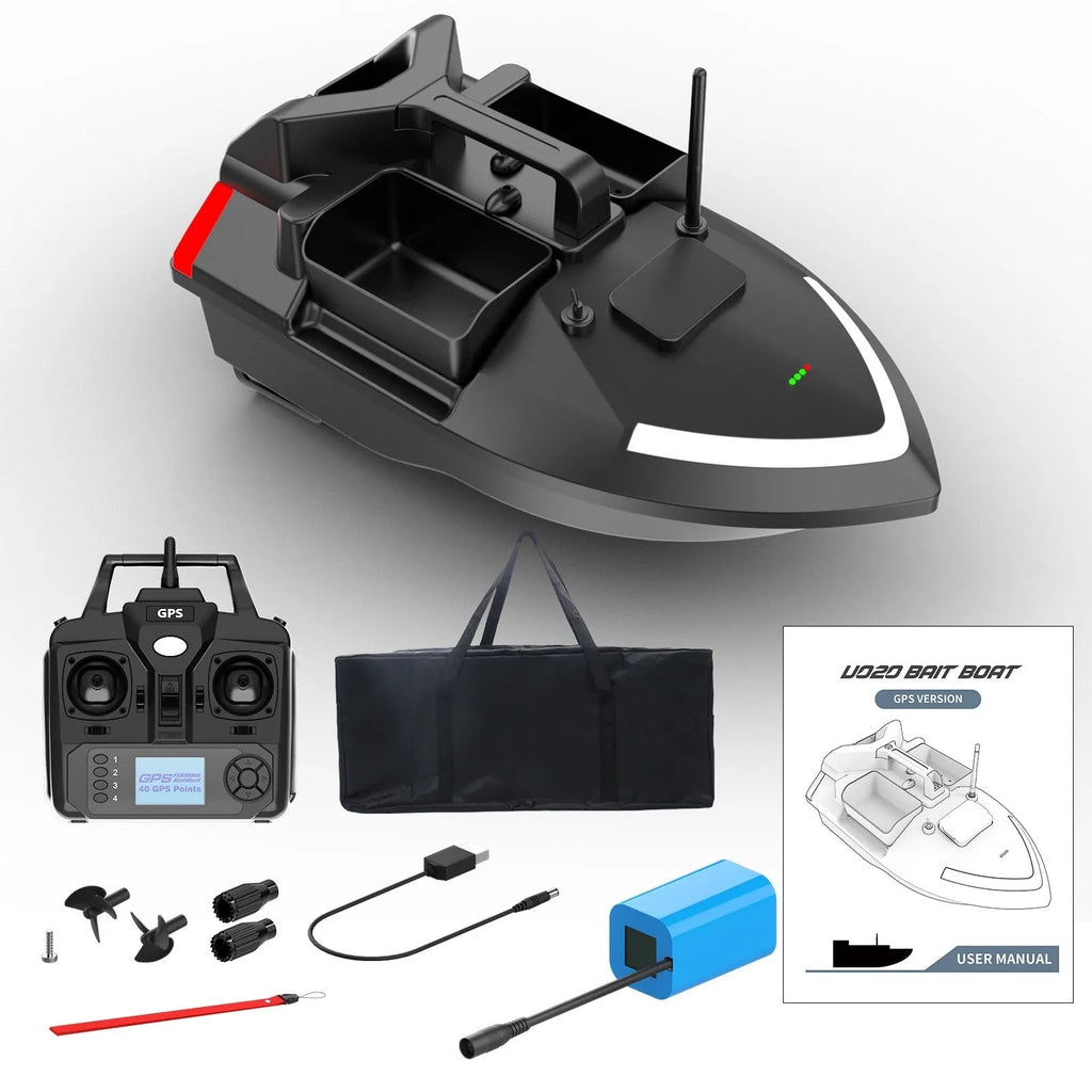 Remote control fishing boat with GPS antenna on deck, shown on water with remote control.