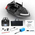 Remote control fishing boat with GPS antenna on deck, shown on water with remote control.