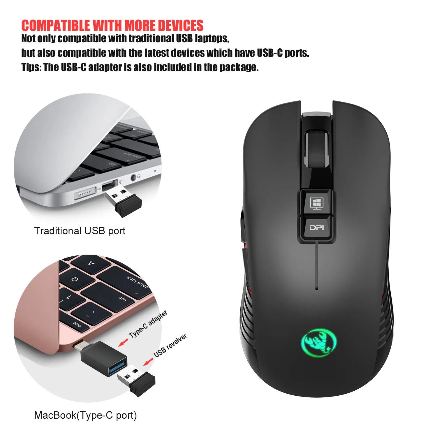 Black wireless gaming mouse with colourful breathing lights showing adjustable DPI settings and ergonomic design