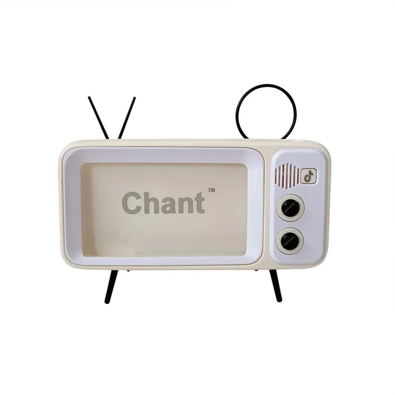Vintage wooden TV Retro phone stand with built-in speaker, Bluetooth connectivity, and phone placed on top