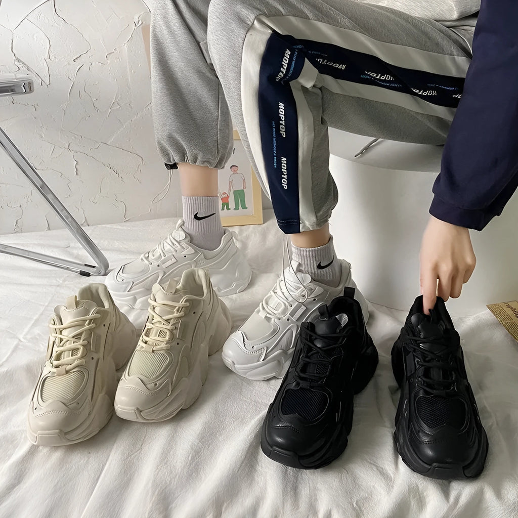 Beige Korean fashion breathable platform sneakers with cross-strap upper for women