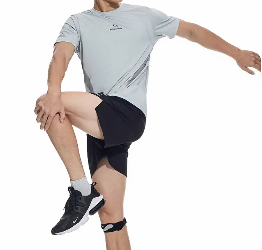 Four-point running shorts with laser punching stitching in black or blue colours showing stretch fabric construction