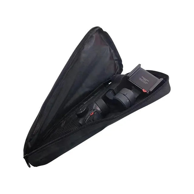 Black cloth storage bag for mobile phone stabiliser accessories showing compact size