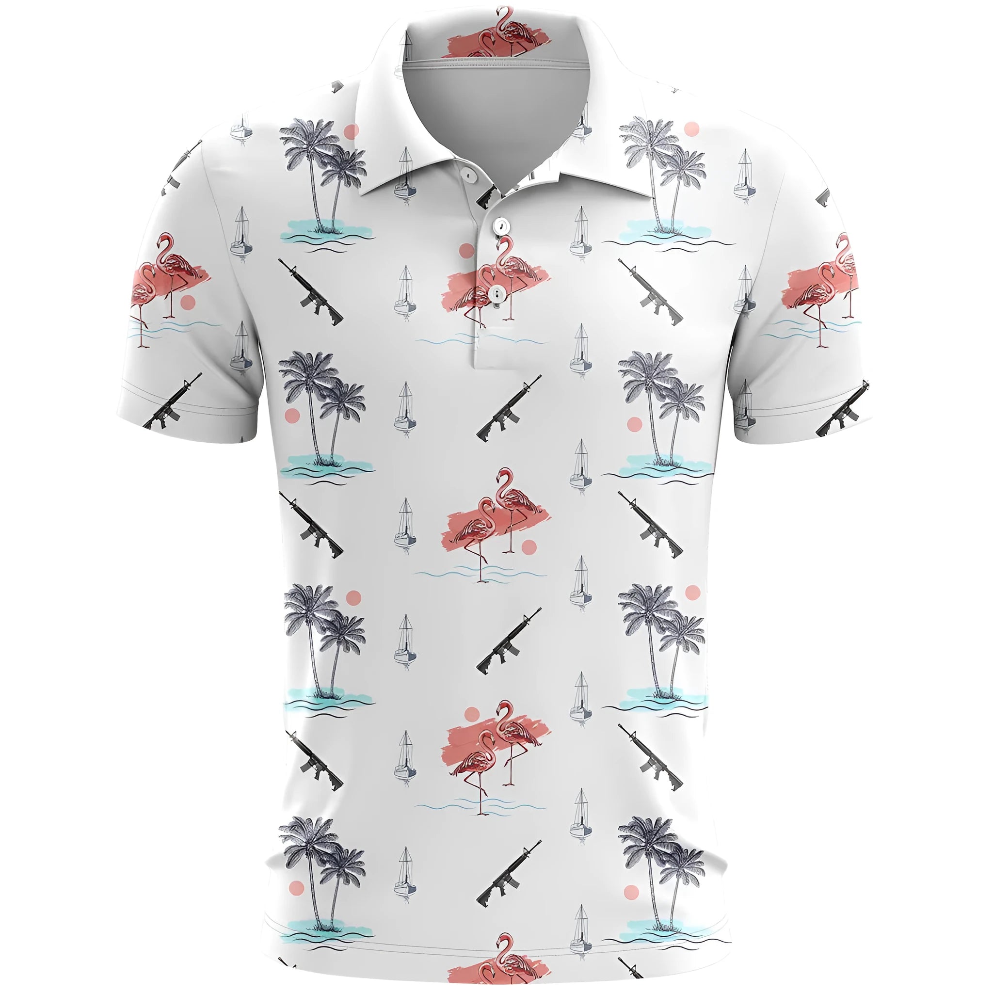 3D printed pattern on a loose-fit short sleeve sports shirt in bird eye cloth fabric.