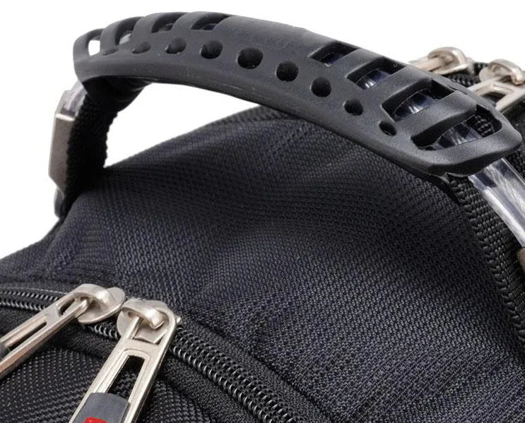 Black business computer backpack with multiple compartments for a 15 inch laptop and organisers