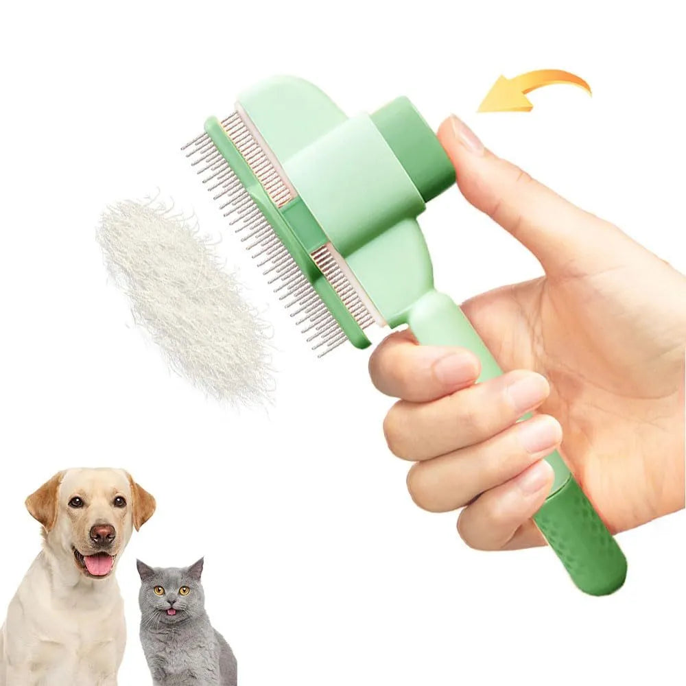 Yellow and green self-cleaning pet comb for dogs and cats with a release button and stainless steel teeth.