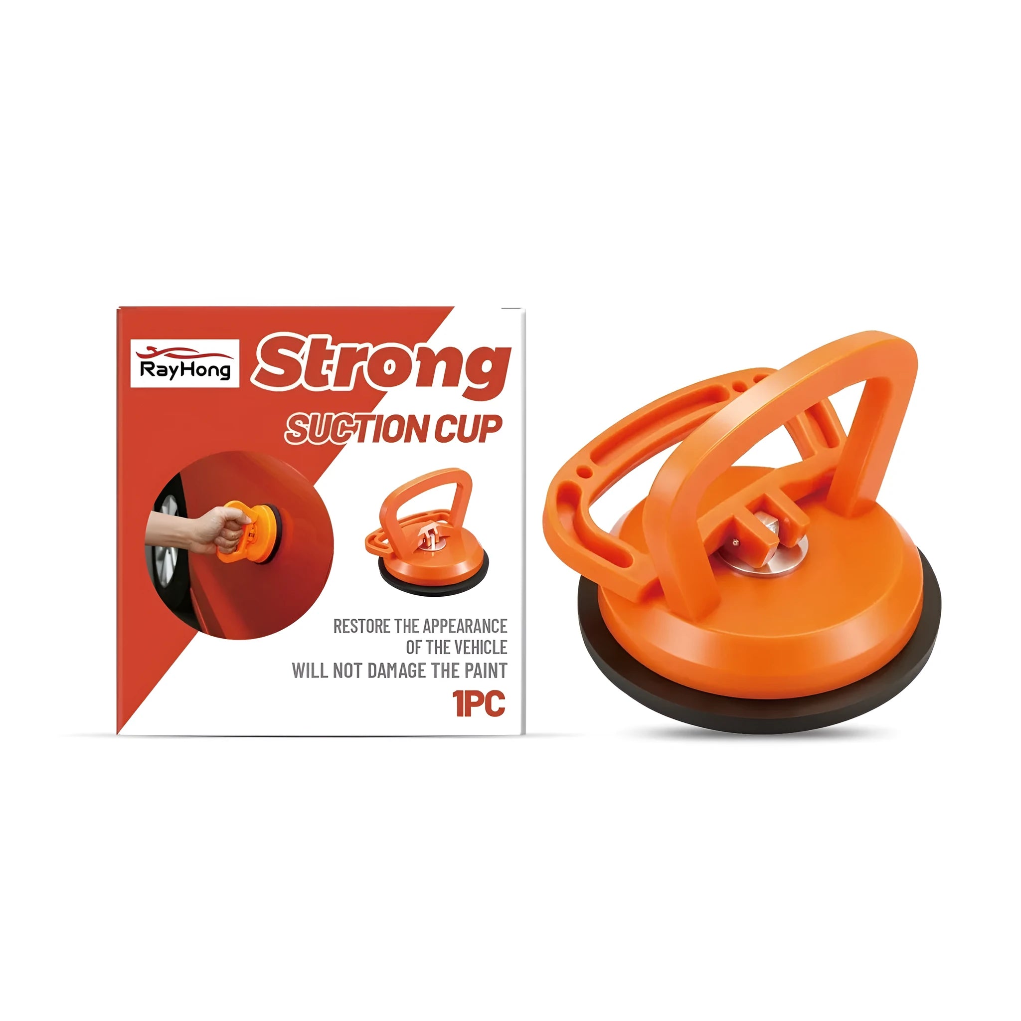 Clear strong suction cup with an integrated metal puller hook on a white background.