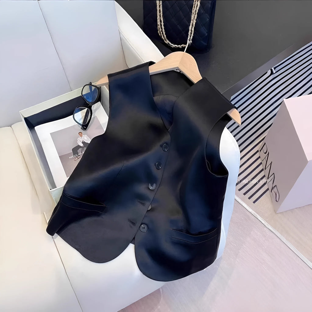 Black satin ladies' sleeveless V-neck vest with splicing detail, shown on a hanger.