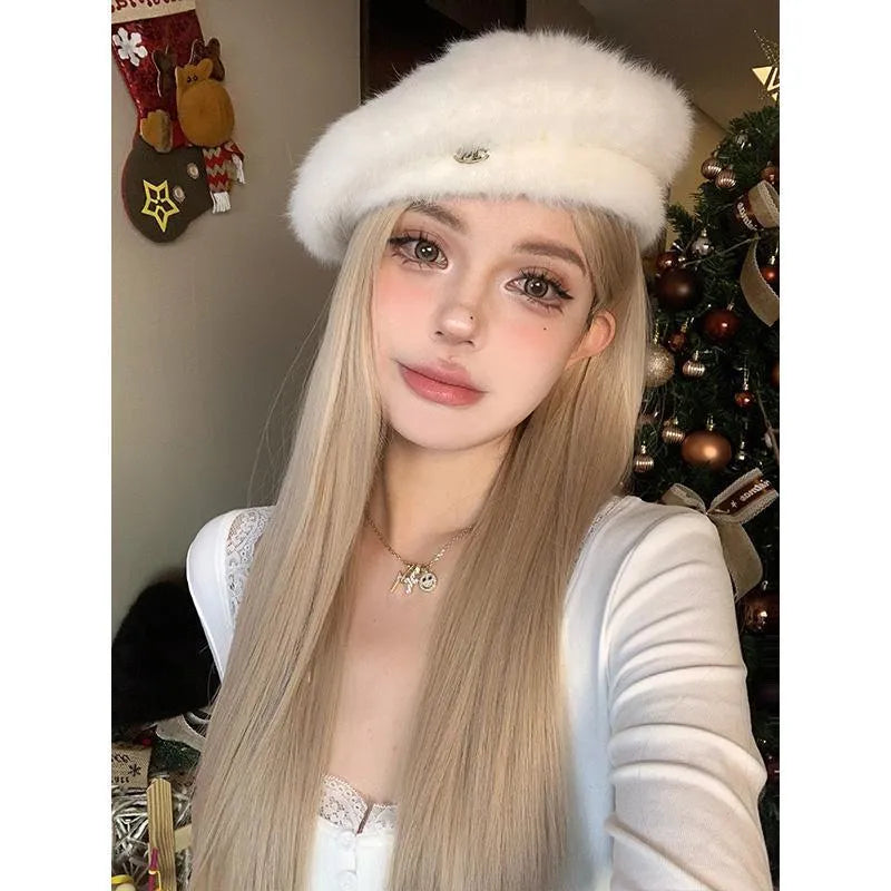 Women's long straight milk tea blonde gold wig with hair net on display