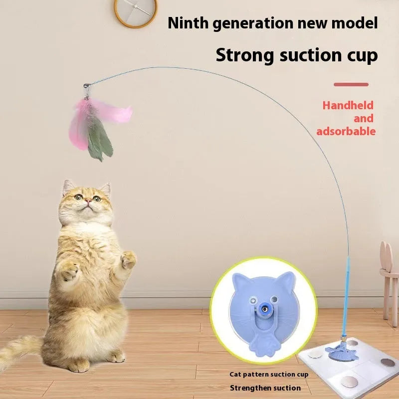 Plastic cat teasing wand with suction cup base, long handle, bell attachment, and feather teaser in various colour options