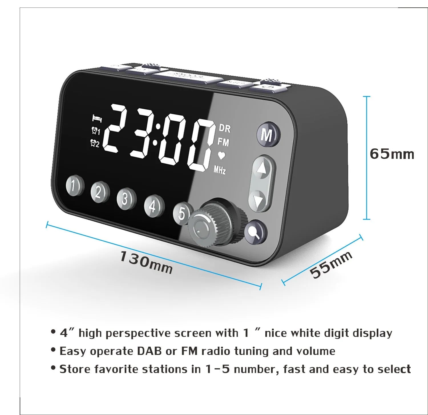 Black DAB bedside alarm clock with large LED display, upgrade pig tail antenna, and side USB ports.
