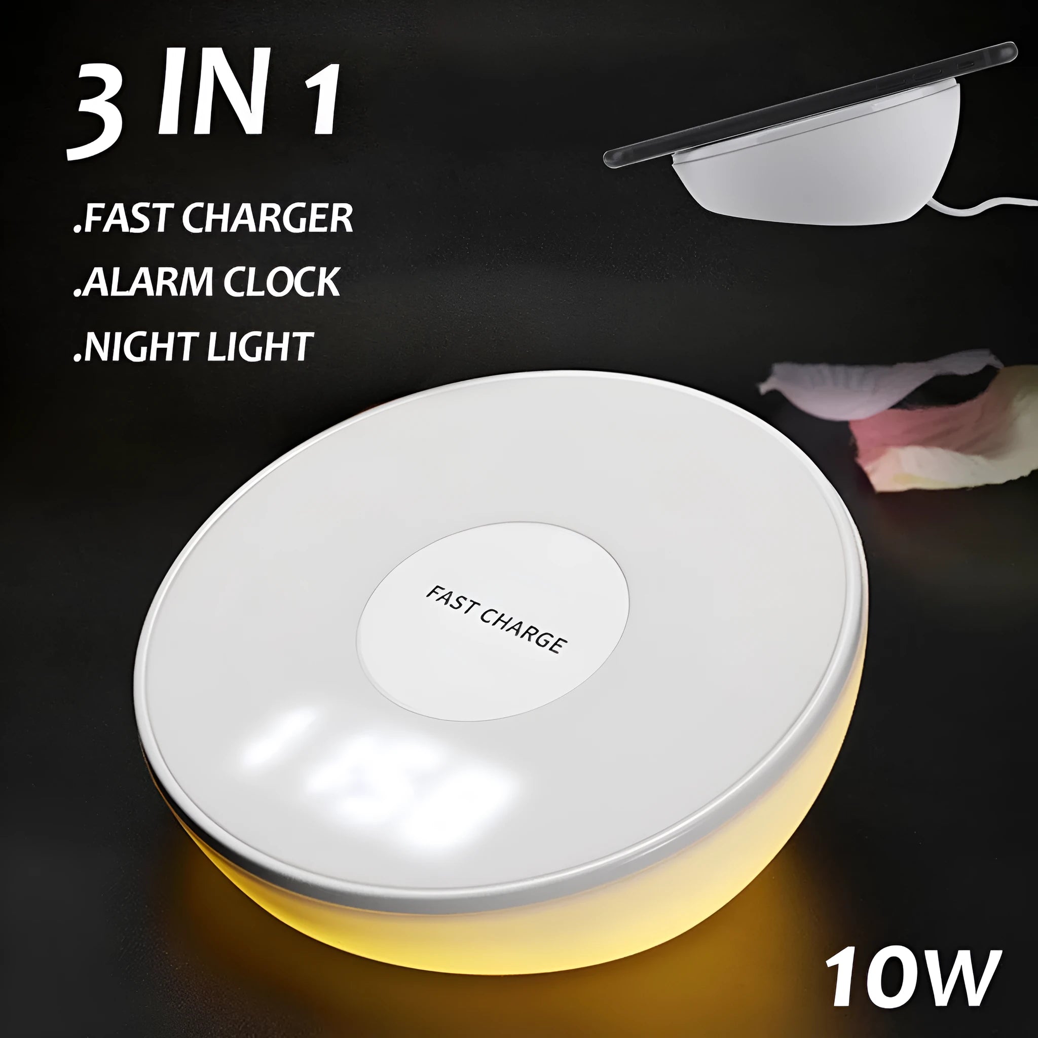 White 10W wireless charging pad with digital clock display and alarm functions