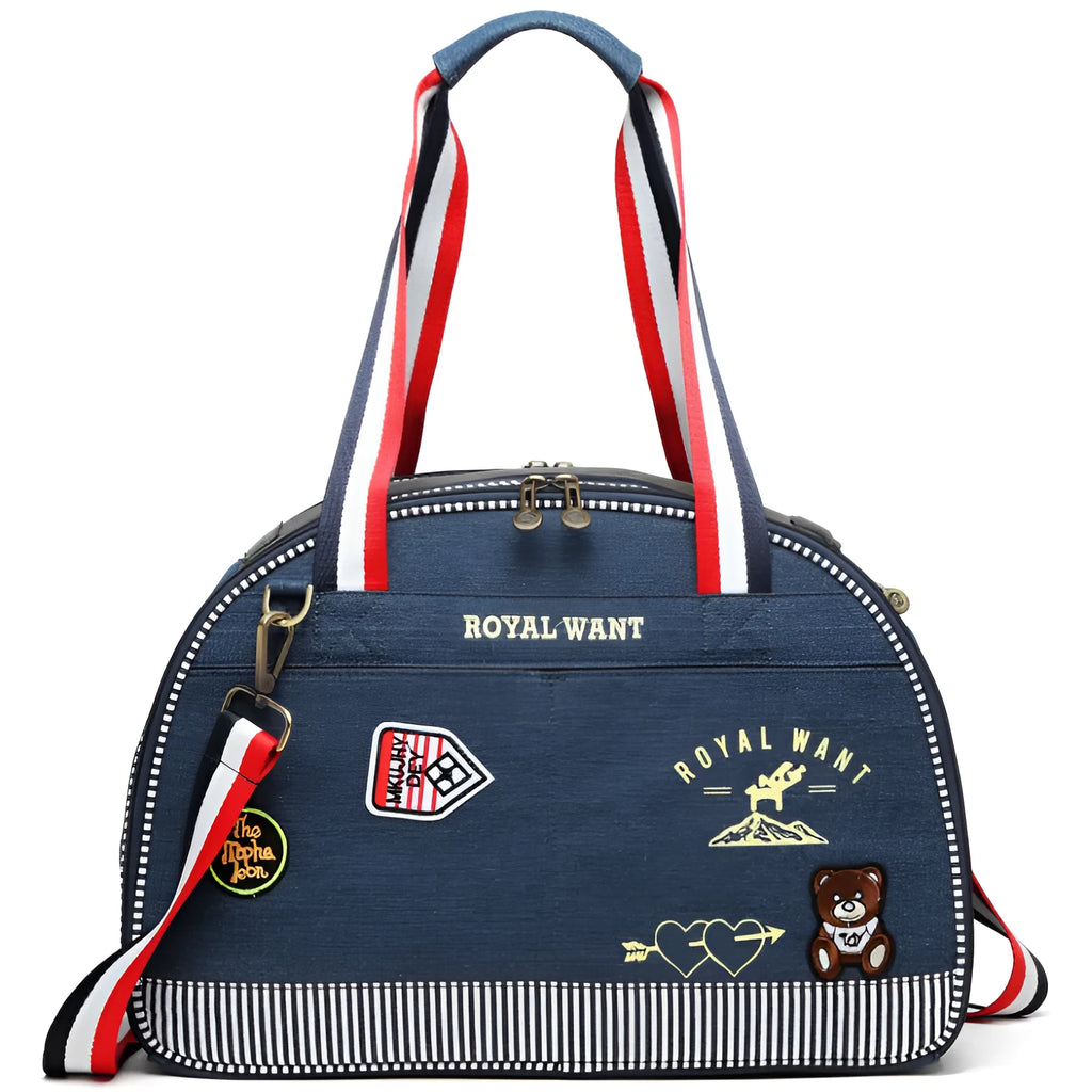 Blue denim pet diaper bag with cartoon pattern measuring 43x20x30cm
