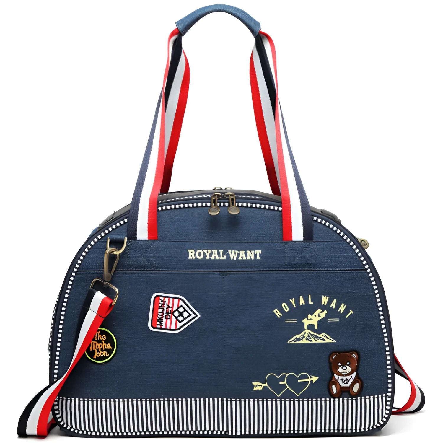 Blue denim pet diaper bag with cartoon pattern measuring 43x20x30cm