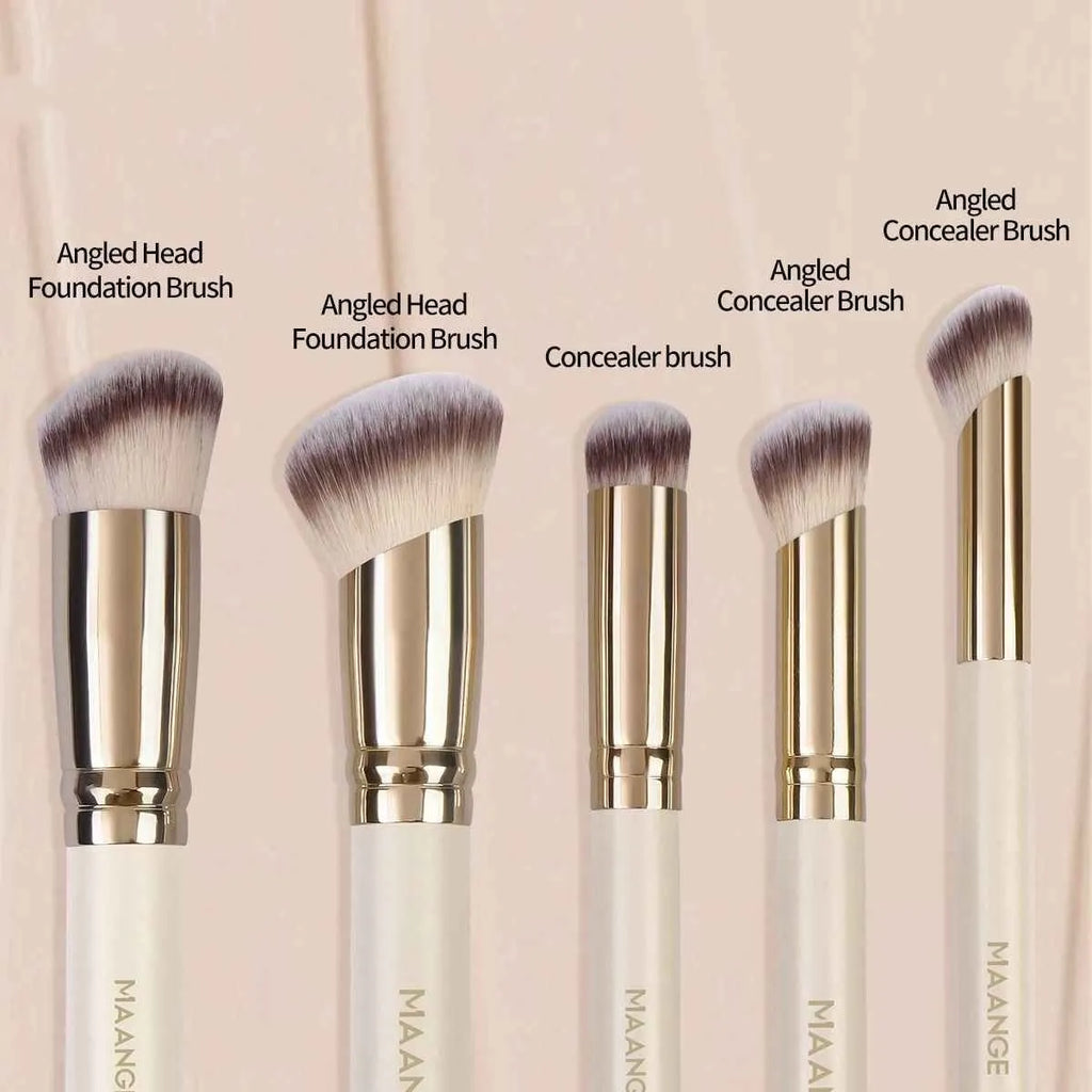 MAANGE set of five apricot-coloured makeup brushes with an angled blush brush on a grey background.