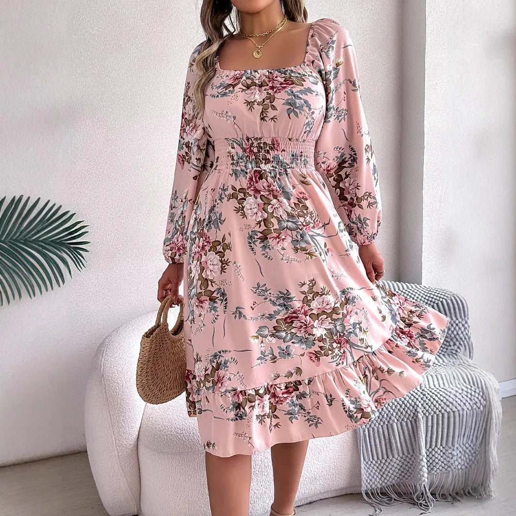 Square collar long sleeve A-line midi dress with ruffles, waist trimming, stretch polyester fabric, brown colour, front view
