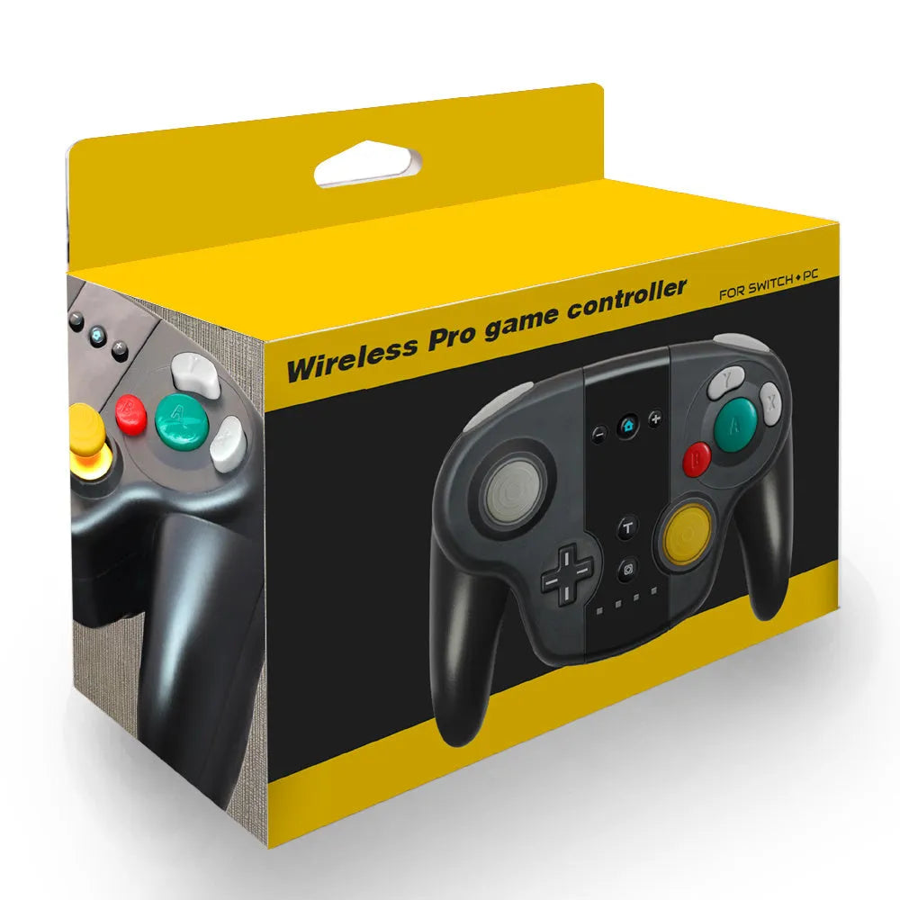 Black wireless gamepad controller with colourful packaging for Nintendo Switch and PC gaming