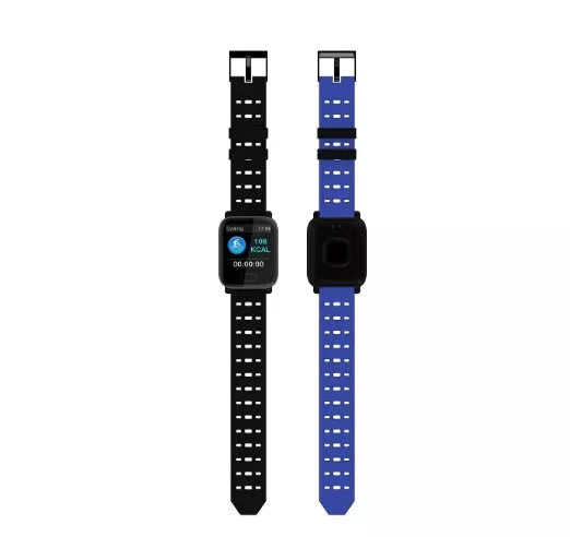 A6 smart bracelet with colour screen and silicone strap shown in black, blue, and orange colour options.