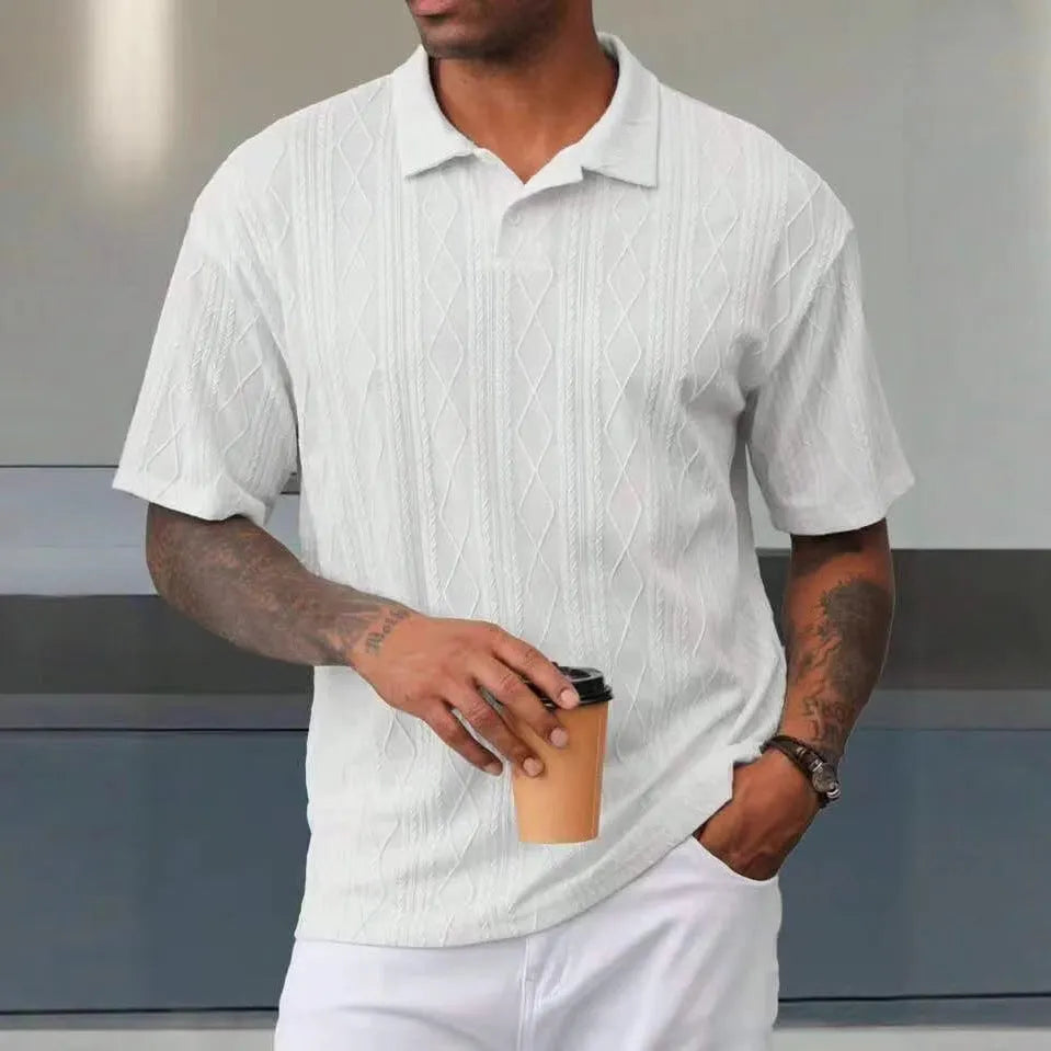 Retro button lapel short sleeve t-shirt in cotton blend fabric showing side slit detailing