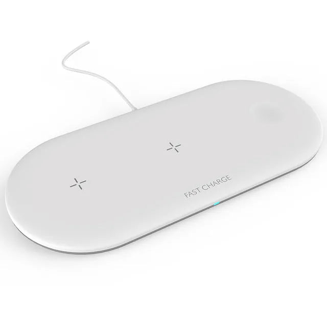 White triple wireless charging station for iPhone, iWatch, and headphones on desktop
