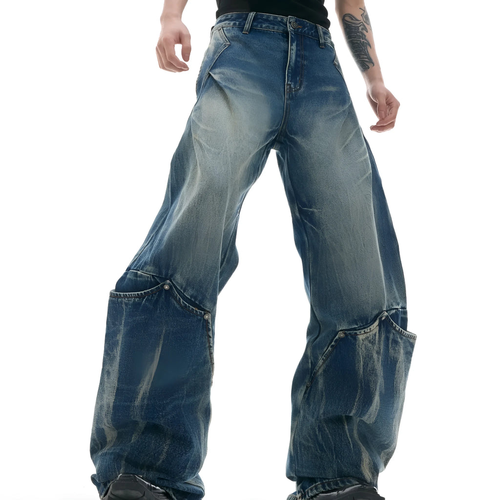 Men's retro washed burst pattern jeans with curved knife detailing in verdant blue colour