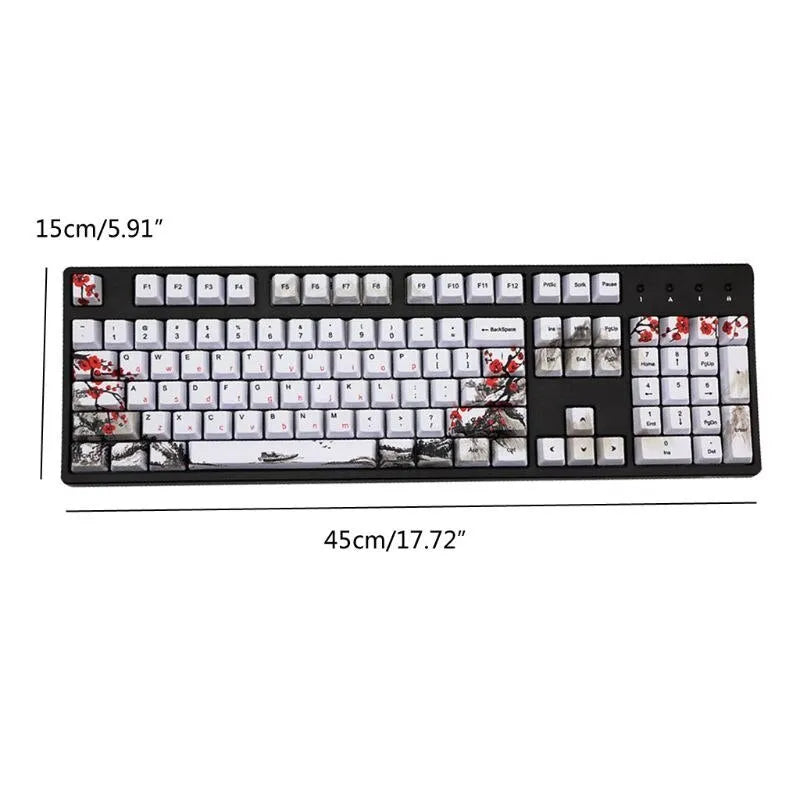 PBT Wangjiang plum blossom theme keycap set with Korean legends on a keyboard.