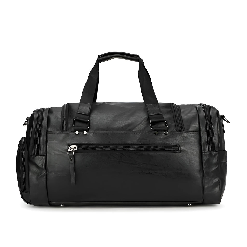 Large black PU travel bag with dimensions 52cm wide, open to show interior for shoe storage.