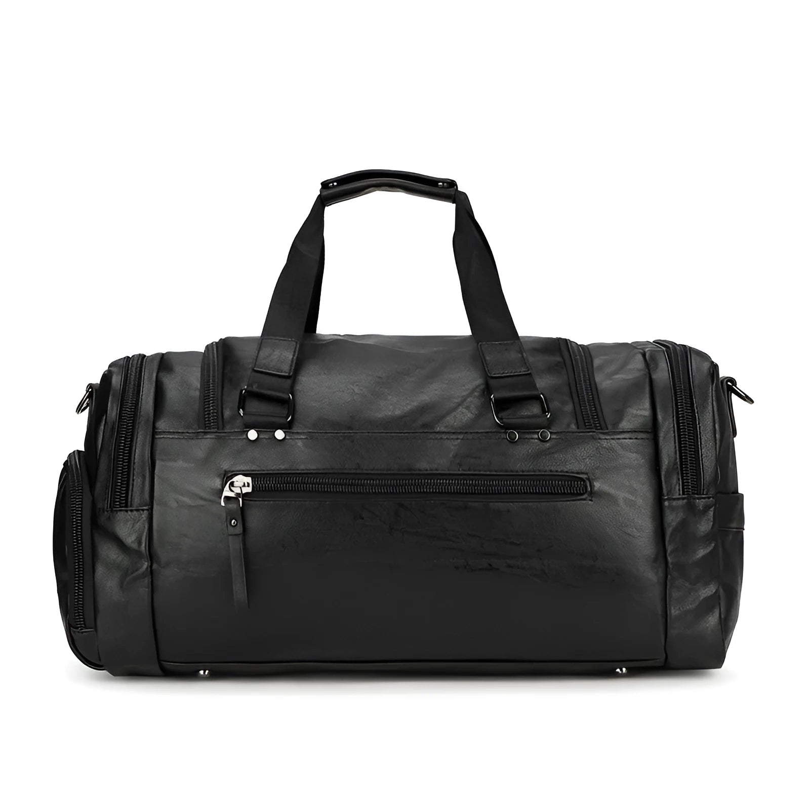 Large black PU travel bag with dimensions 52cm wide, open to show interior for shoe storage.