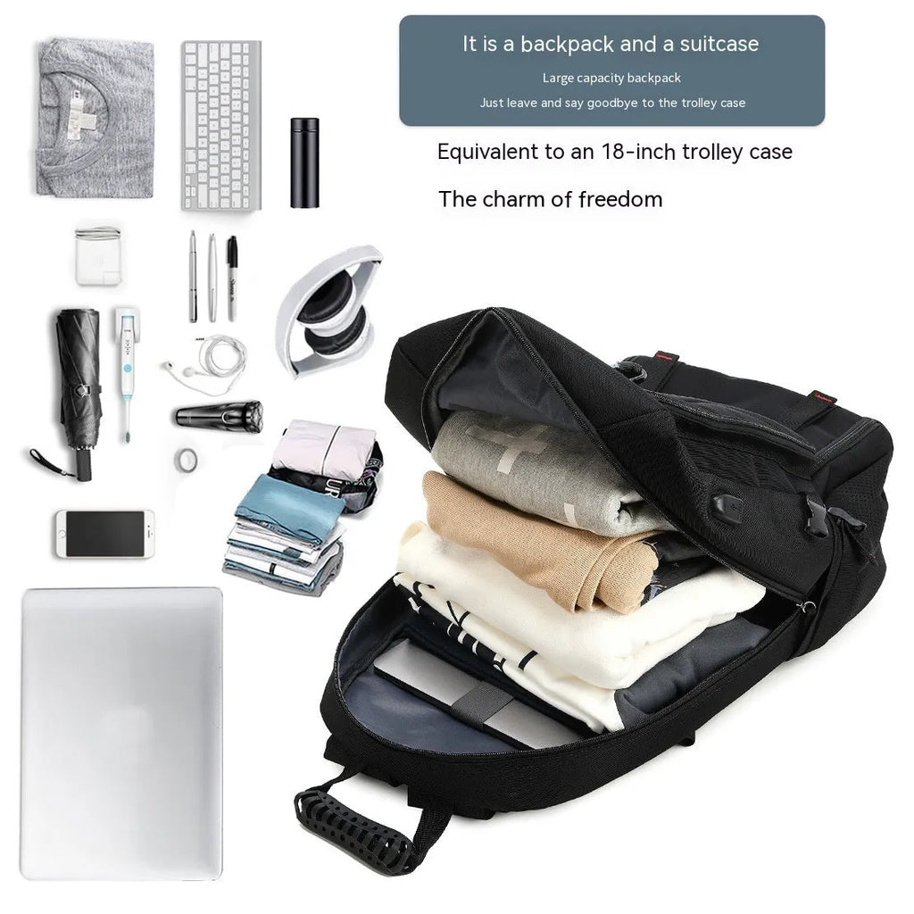 Large capacity business travel backpack in Oxford cloth with contrast stitching and curved shoulder strap, 55x20x35cm, black colour