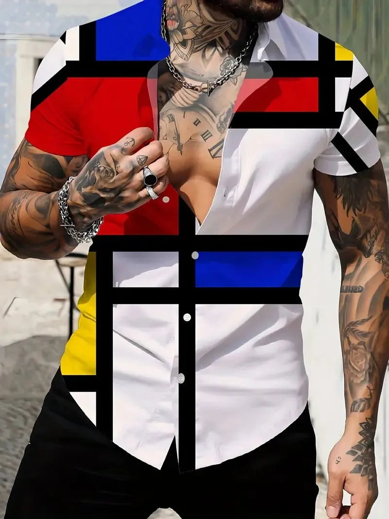 Men's geometric line print short sleeve shirt with lapel neckline in slim fit