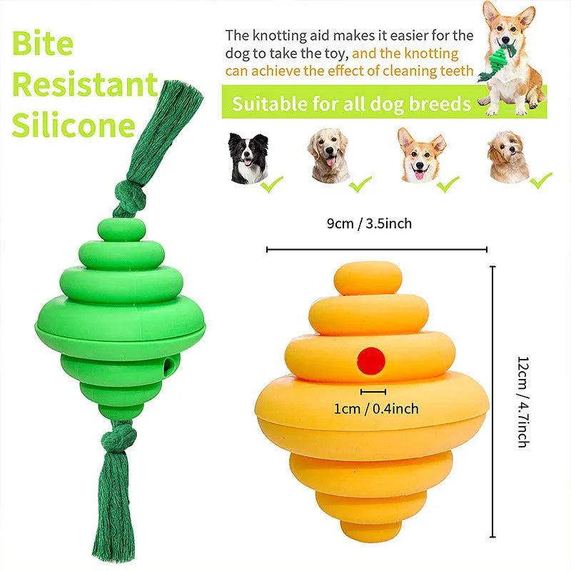 Green and yellow dog ball with rope attachment, showing treat-dispensing hole.