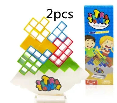 Plastic balance stacking board game with coloured blocks, chassis, and base for kids and adults.