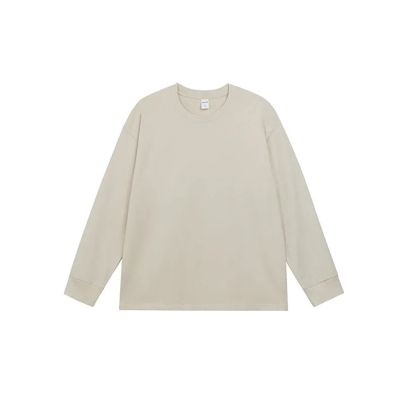 Men's loose fit long sleeve cotton t-shirt in solid colours showing size range