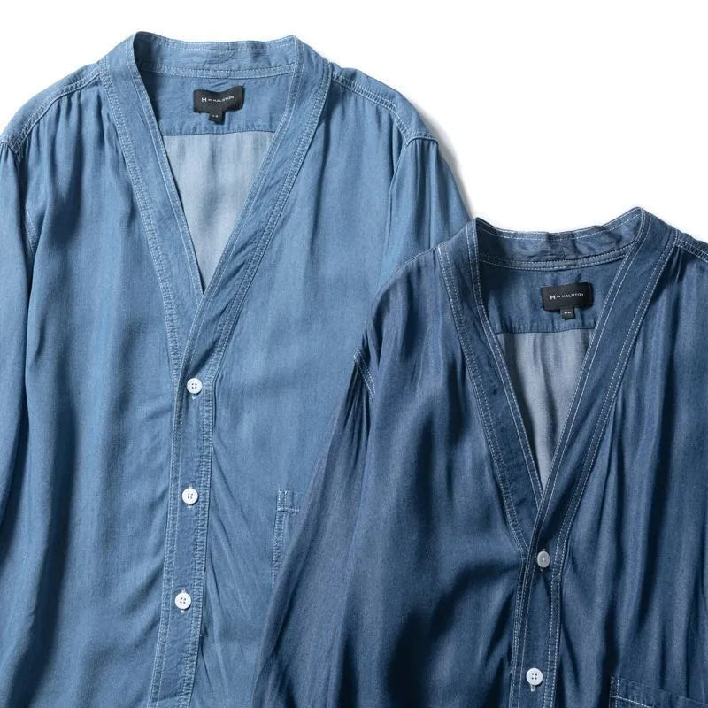 Men's dark blue casual denim coat with V-neck collar and chest pocket on a hanger.