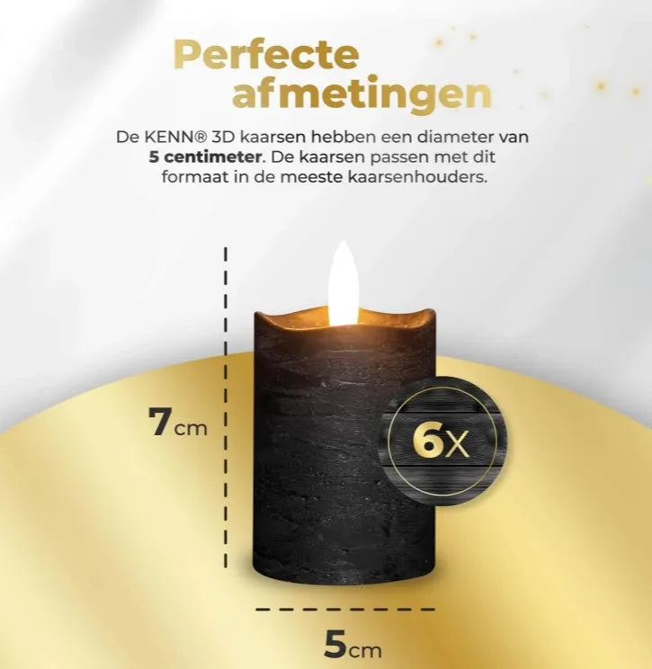 Black LED pillar candle with flickering light, dimensions 5 cm diameter by 7 cm height.