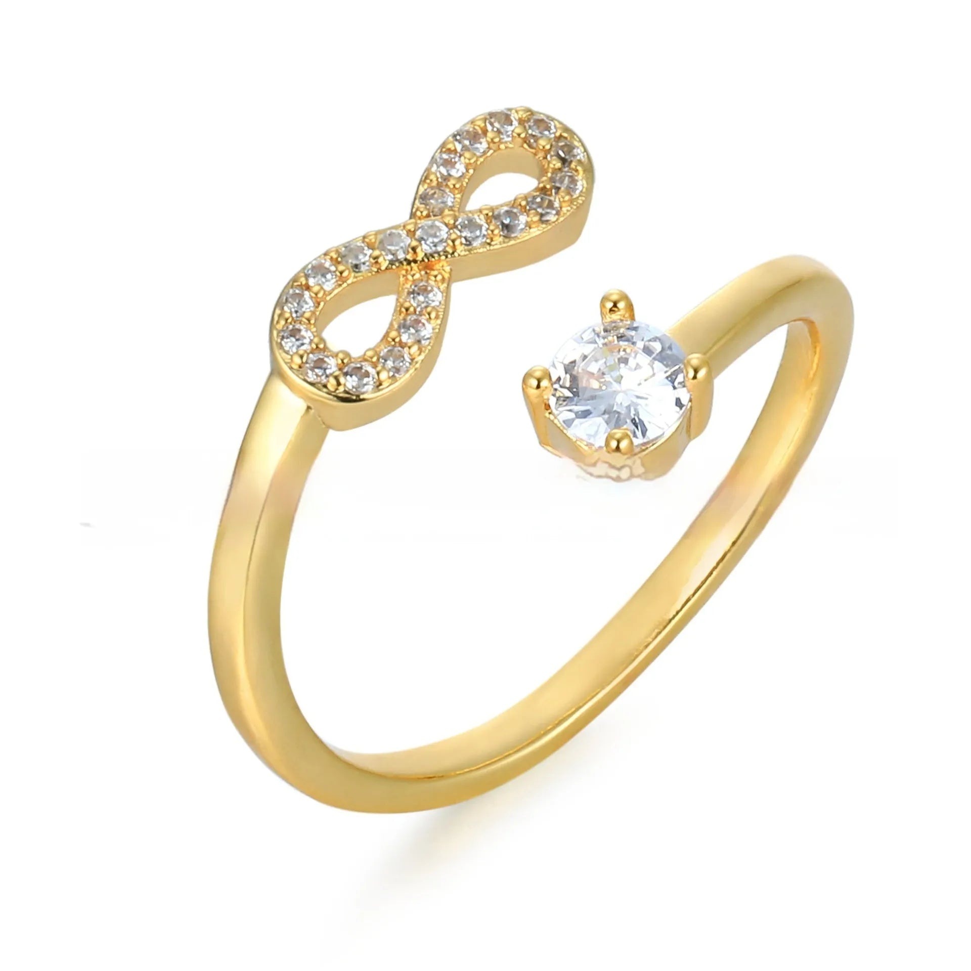 Geometric open ring with zircon stones showing letter personalisation options in gold rose silver colours