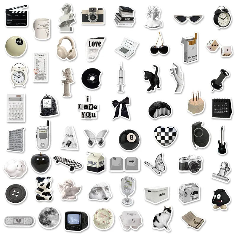 Pack of 61 black and white simple style PVC waterproof stickers for laptops and phones.