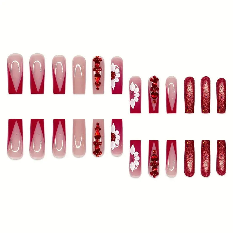 Sweet Flowers patterned fake nails with red diamonds in a long European square style.