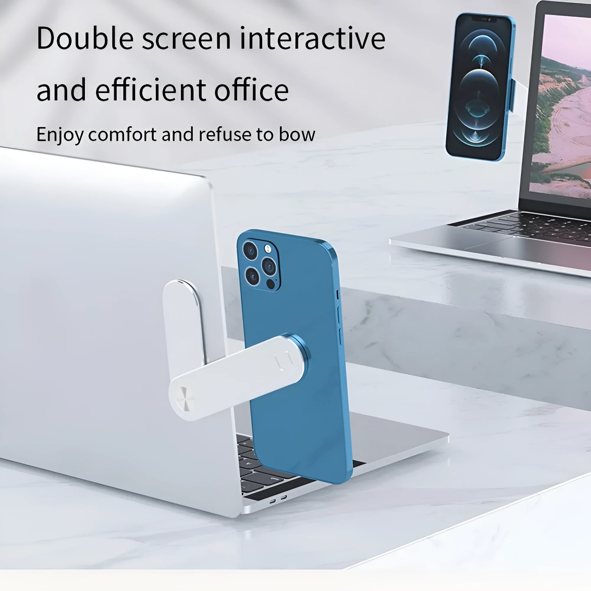 Black aluminium laptop phone holder mounted to computer monitor with smartphone attached