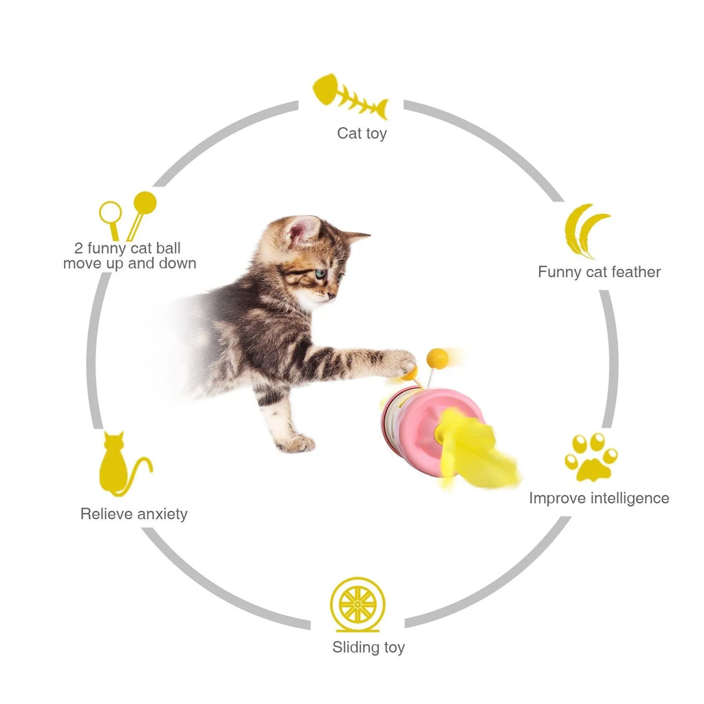Interactive cat toy with stick pole and tumbler feather ball in multiple colour options