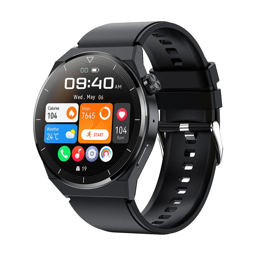 Black and silver Android smart watch with round screen on a silicone band